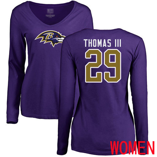 Baltimore Ravens Purple Women Earl Thomas III Name and Number Logo NFL Football #29 Long Sleeve T Shirt